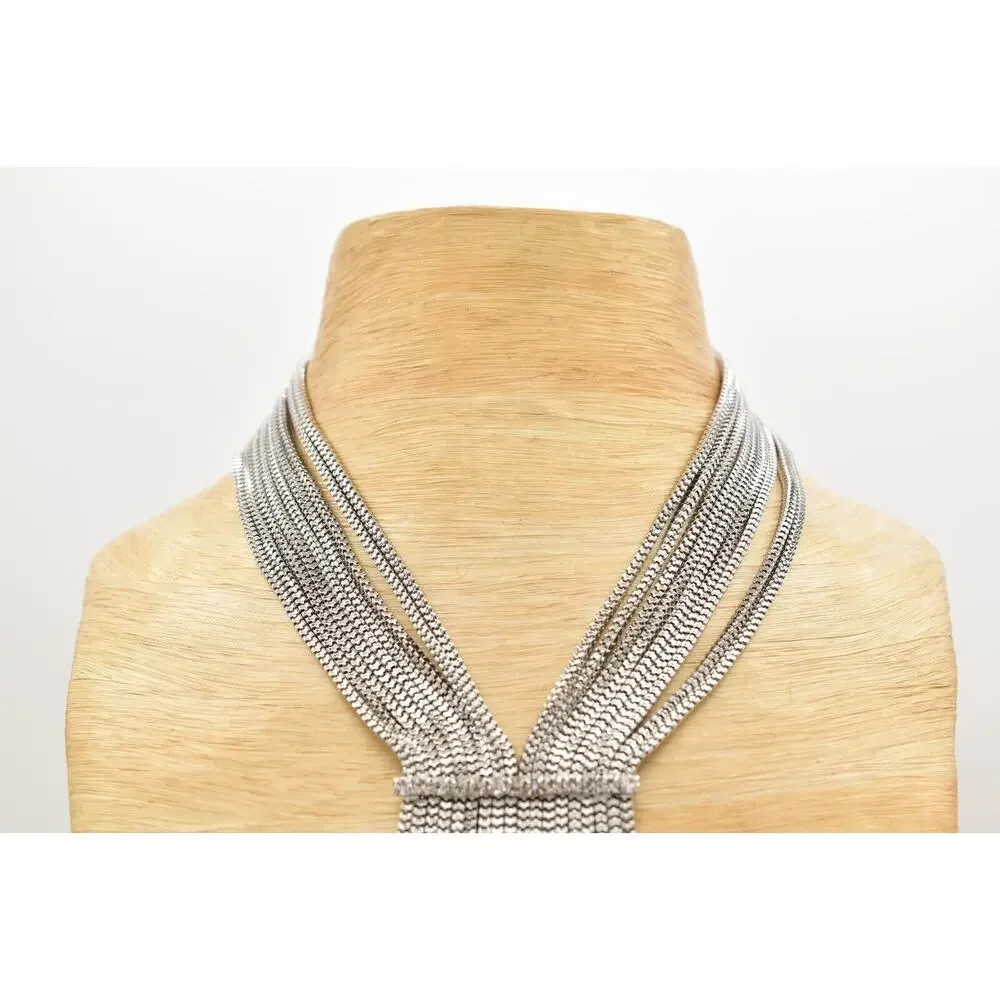 Vintage Y2K Fringe Necklace Crystal Multi-Chain Y-Drop Silver Tone Chunky Bin3B